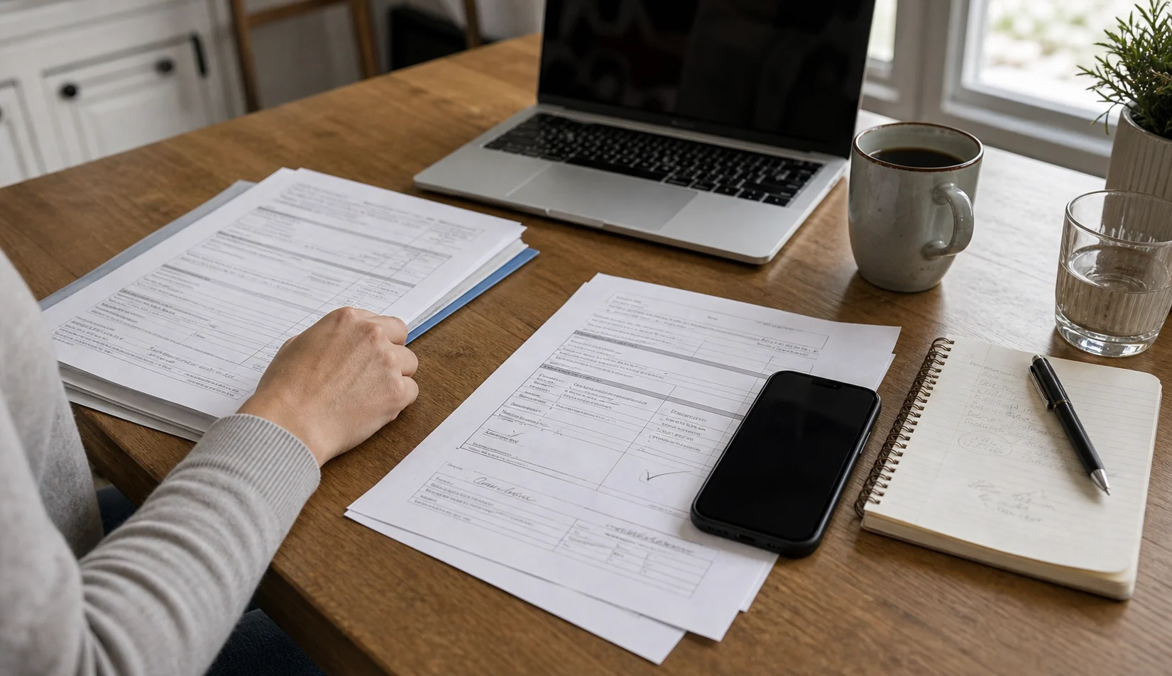 A phone, laptop, notebook, and completed forms on a table for comparing fax apps
