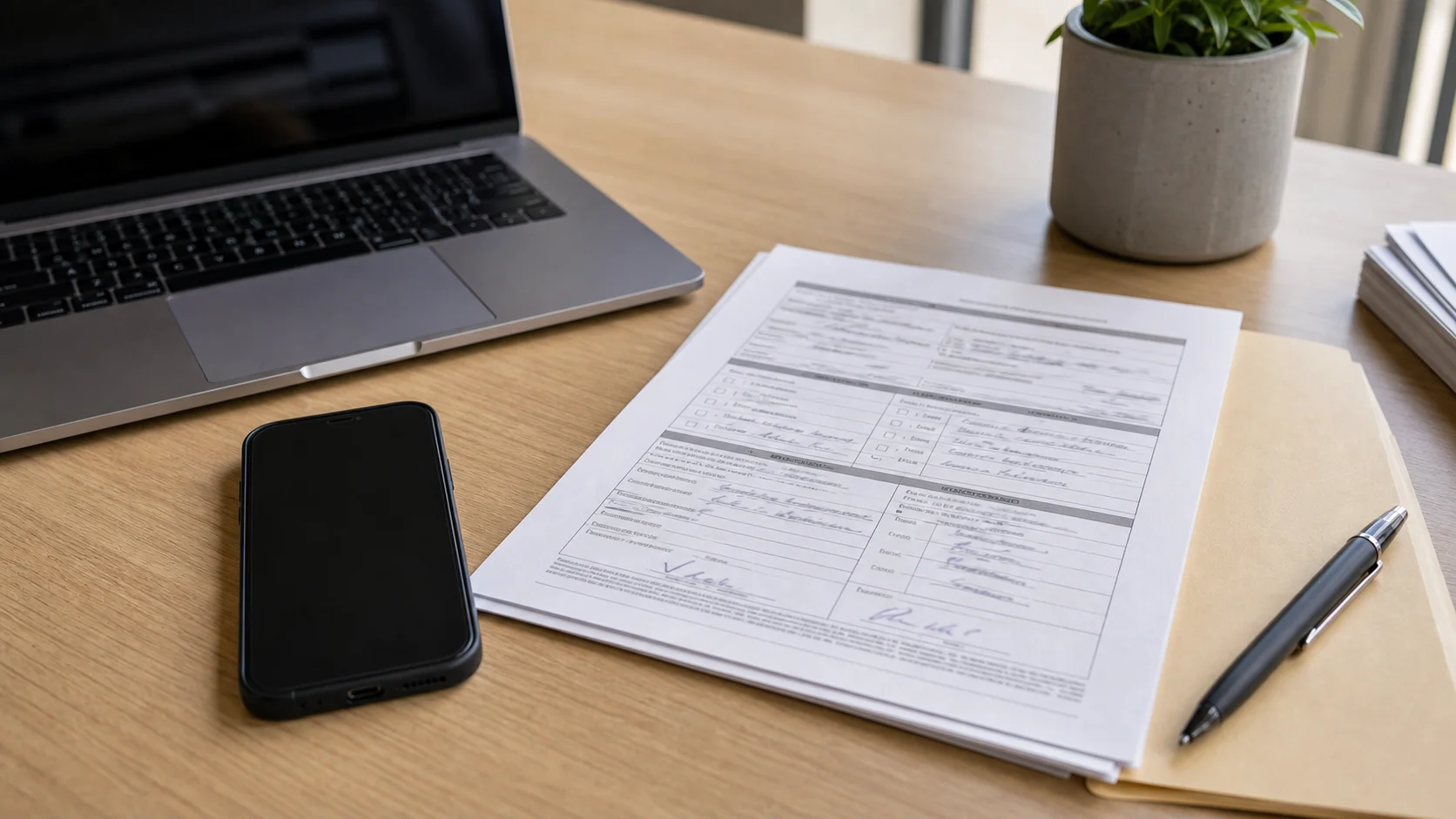 An iPhone beside a completed PDF-style form and a laptop on a clean desk