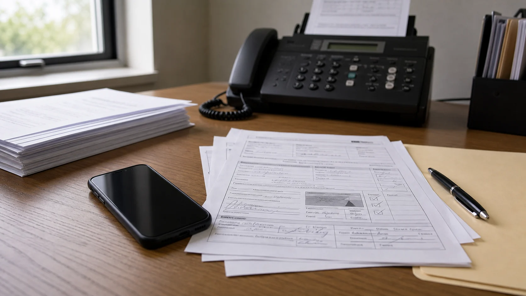 An iPhone beside completed forms and a fax machine on a clean office desk