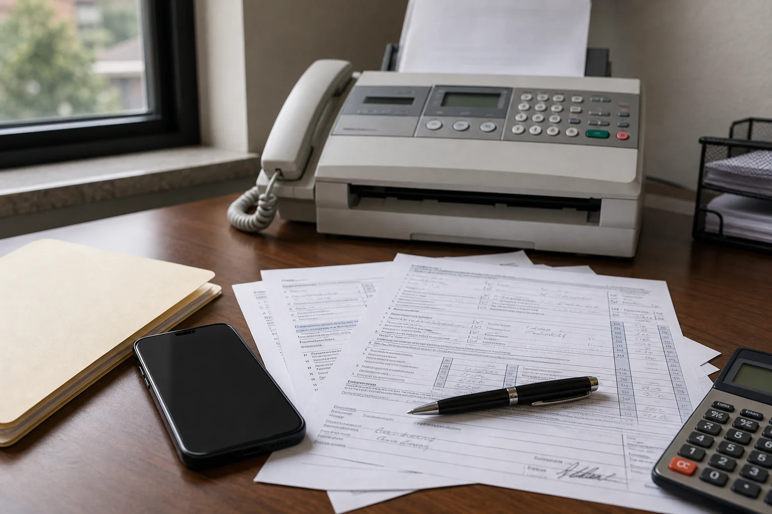An iPhone beside completed tax-style forms, a calculator, and a fax machine