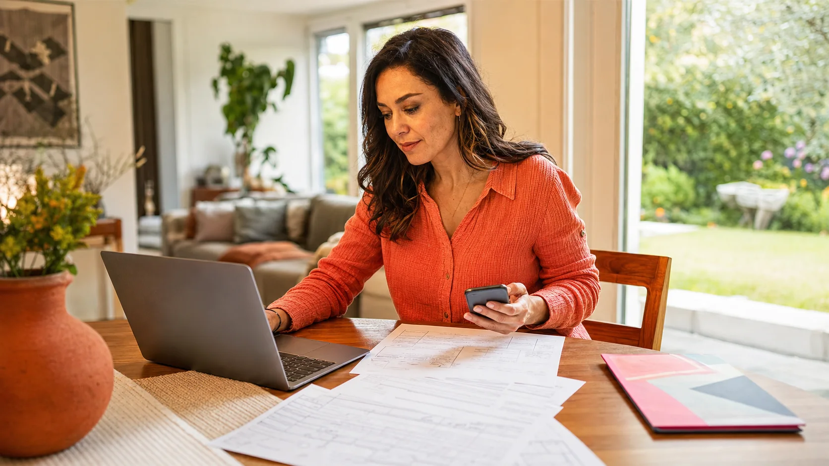 A woman preparing completed forms on a laptop and phone at a warm sunlit dining table