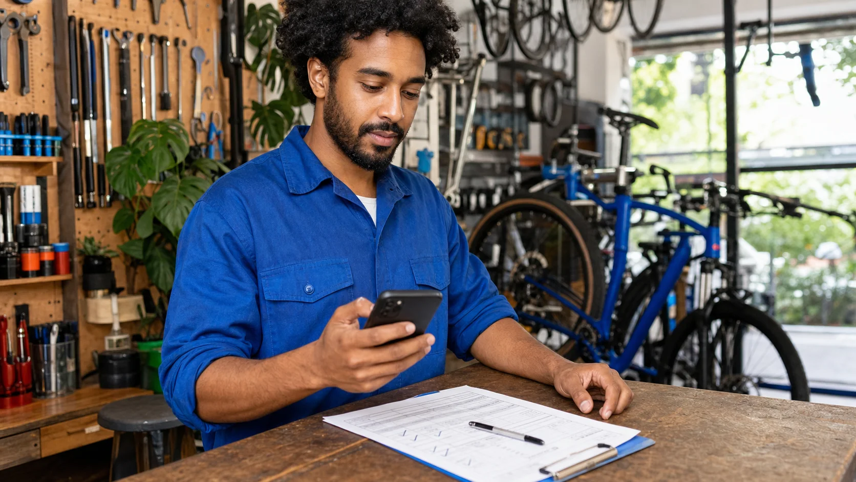 A man using an Android phone beside completed paperwork in a bright bicycle workshop
