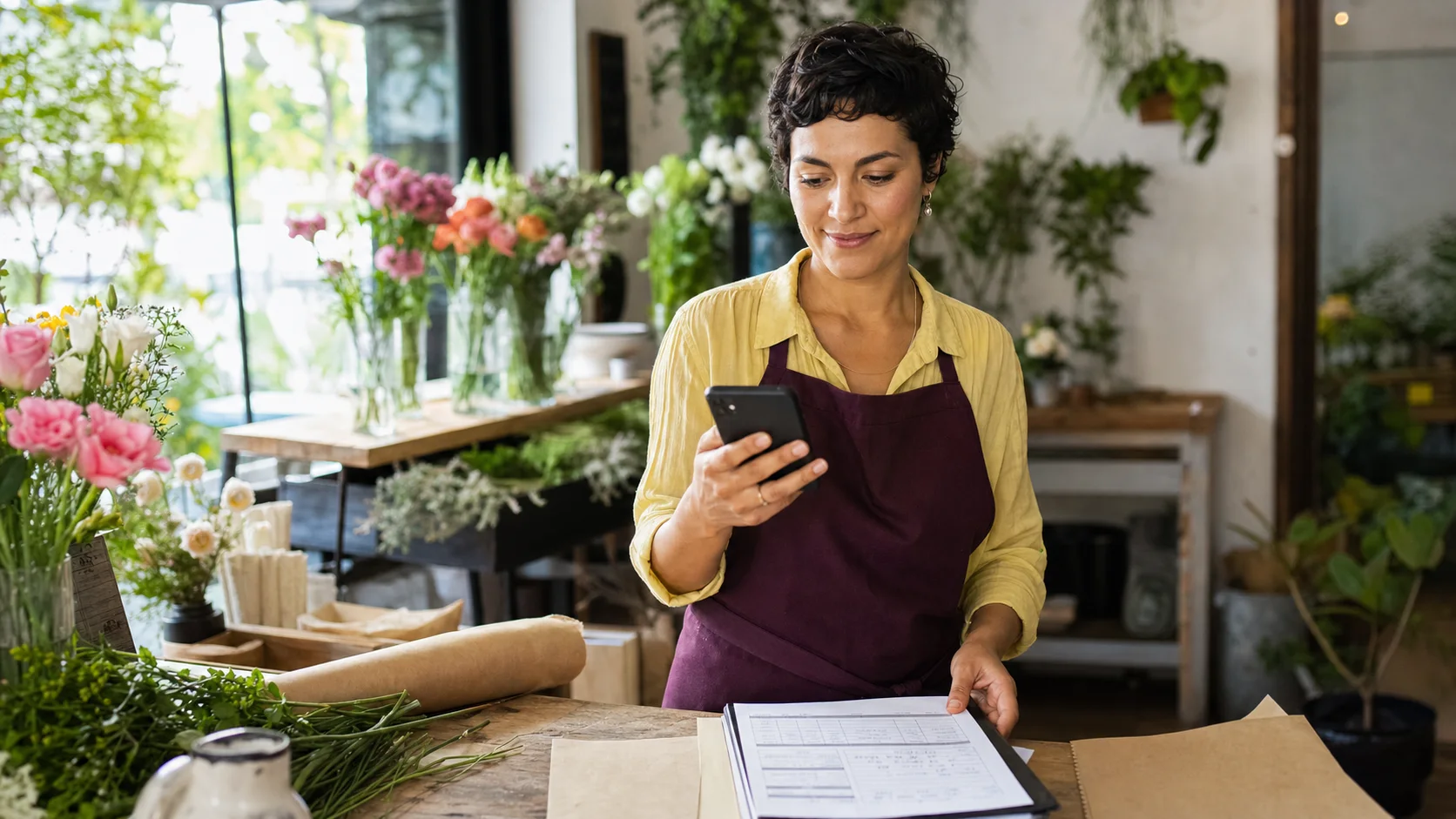 A woman reading a newly received document on her phone in a bright flower shop