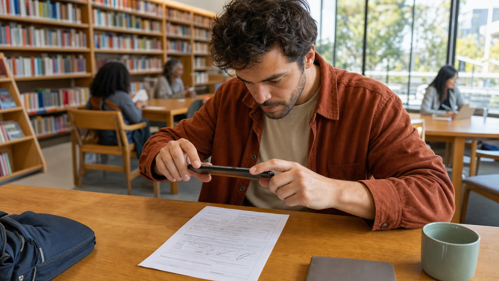 A man photographing a completed form with his phone at a sunlit library table
