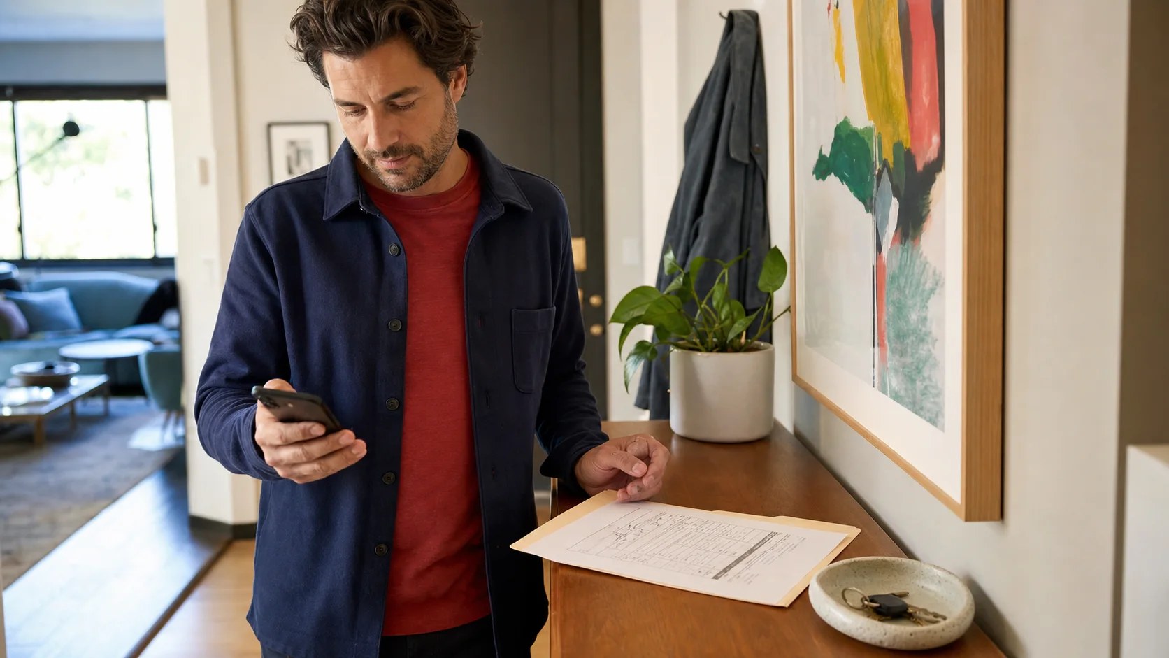 A man checking his phone beside a completed records form in a bright apartment entryway