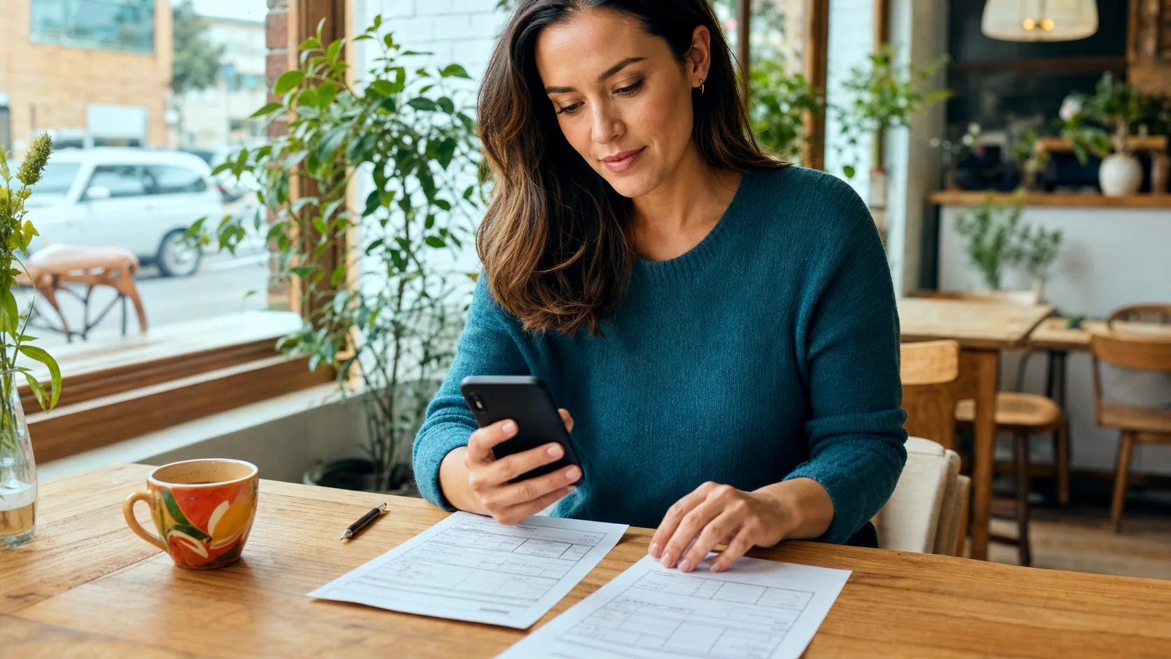 A woman checking a phone beside completed paperwork at a bright neighborhood cafe