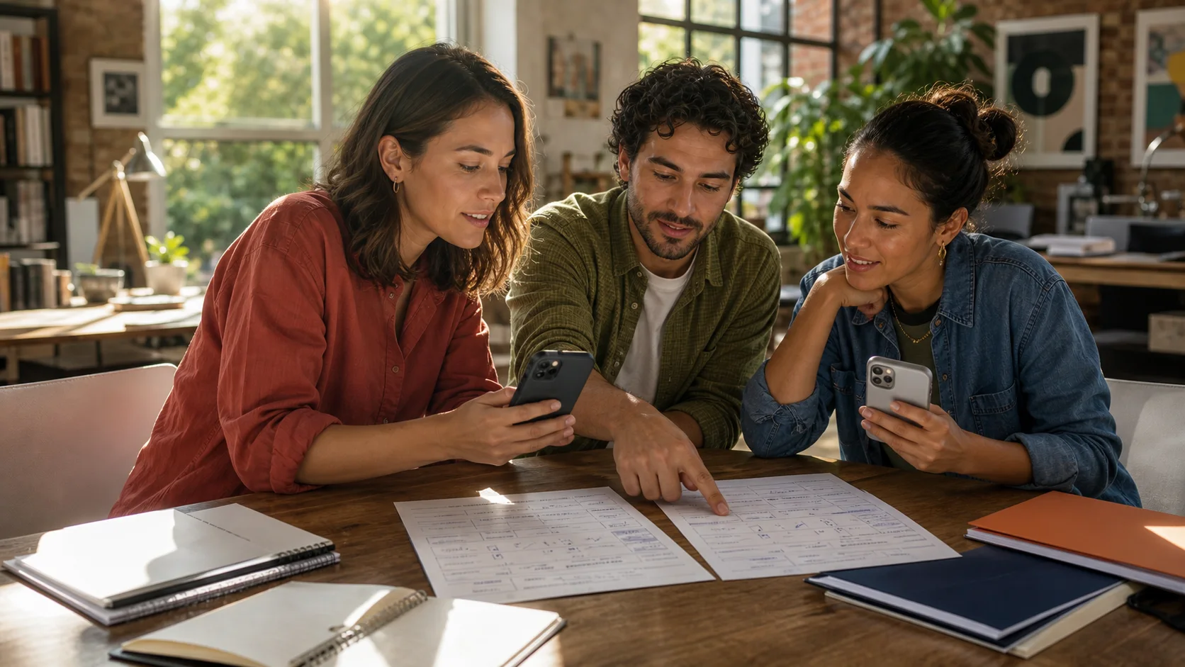 Three colleagues comparing phones and completed forms together at a sunlit studio table