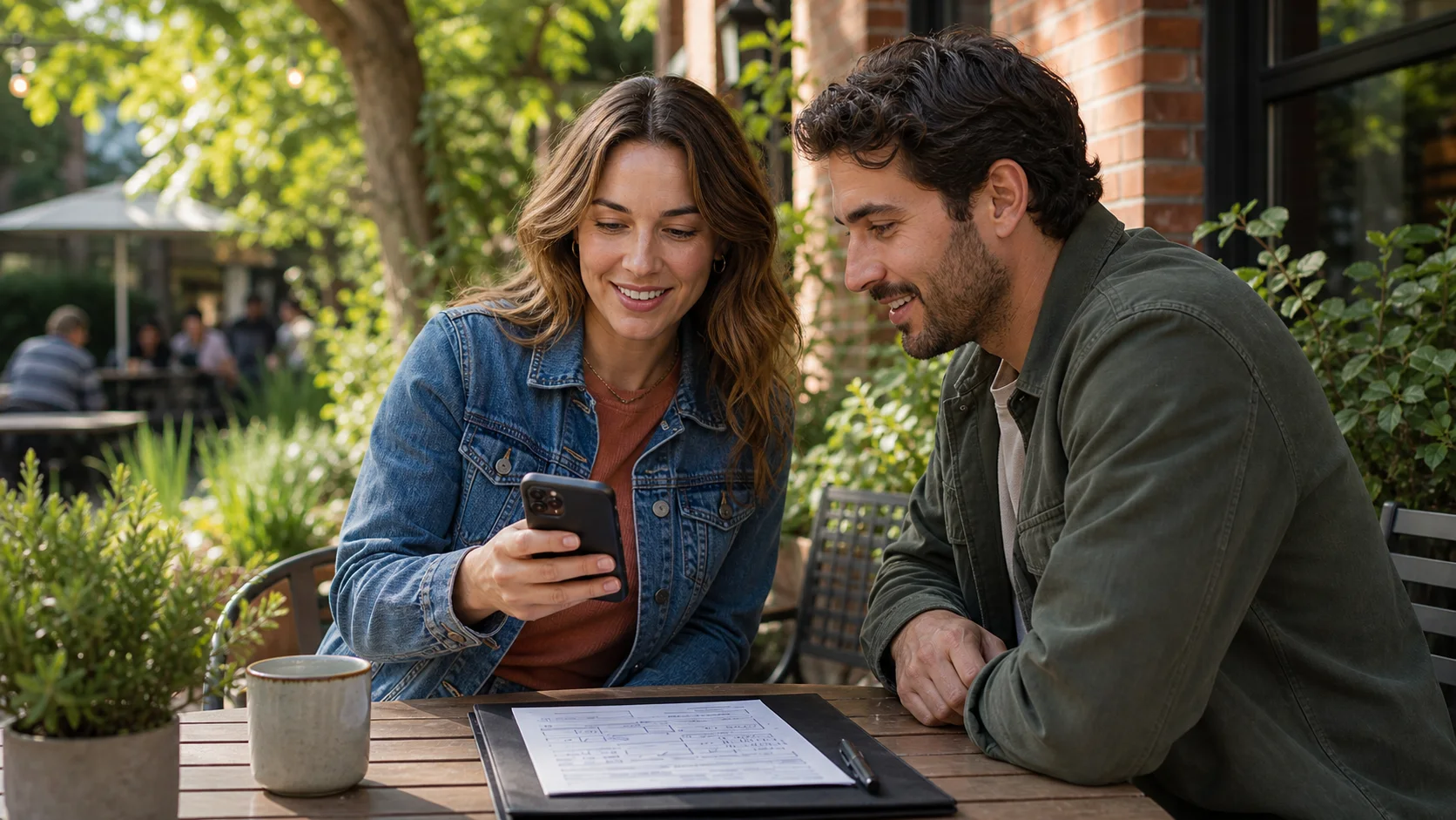 Two friends checking a phone together at a leafy outdoor cafe beside a completed form