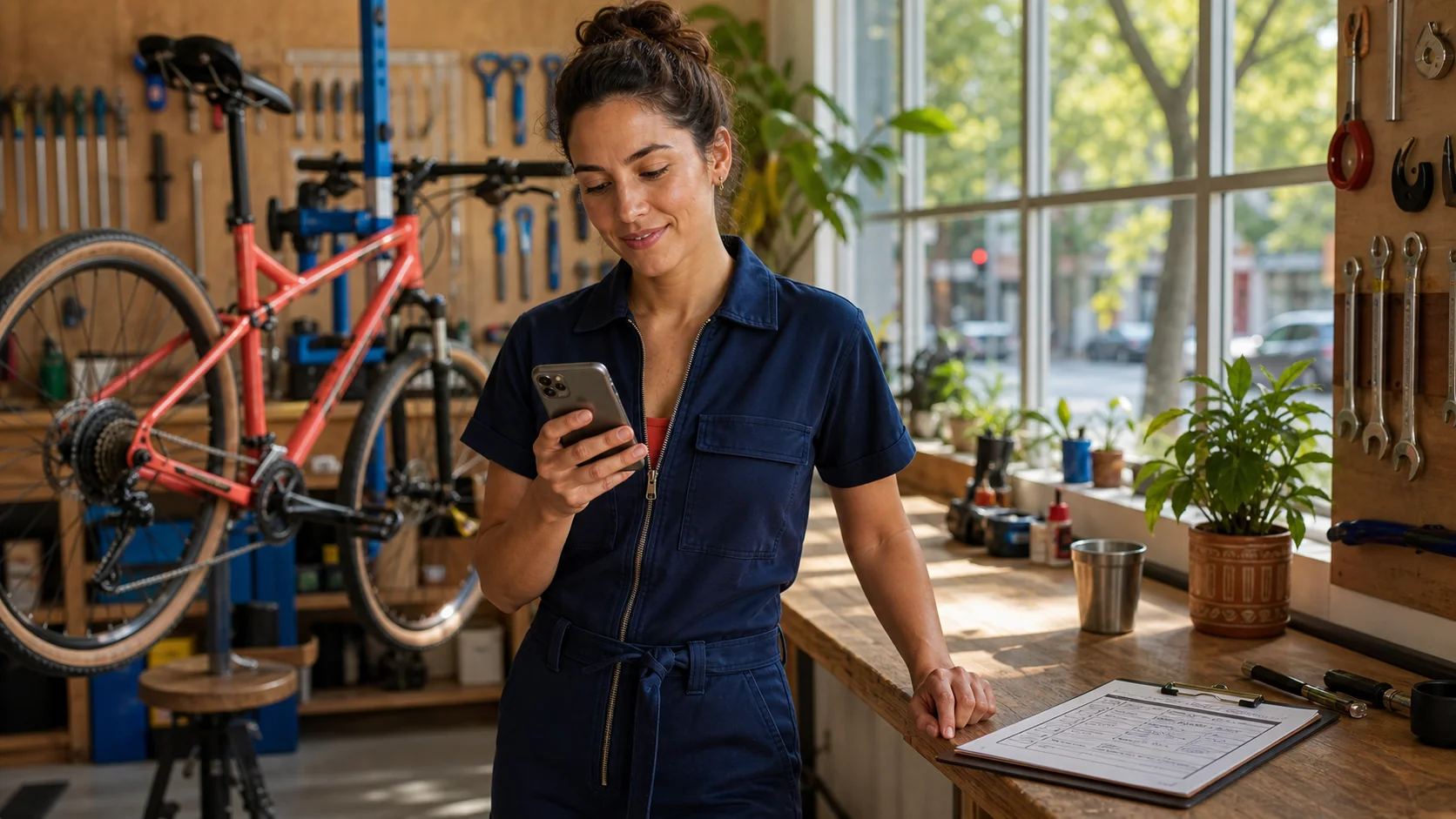 A bicycle mechanic checking a phone in a bright workshop beside a completed service form