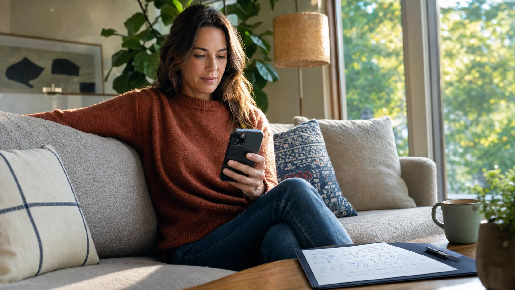 A woman checking her phone on a sunlit living-room sofa beside a folder with a completed form