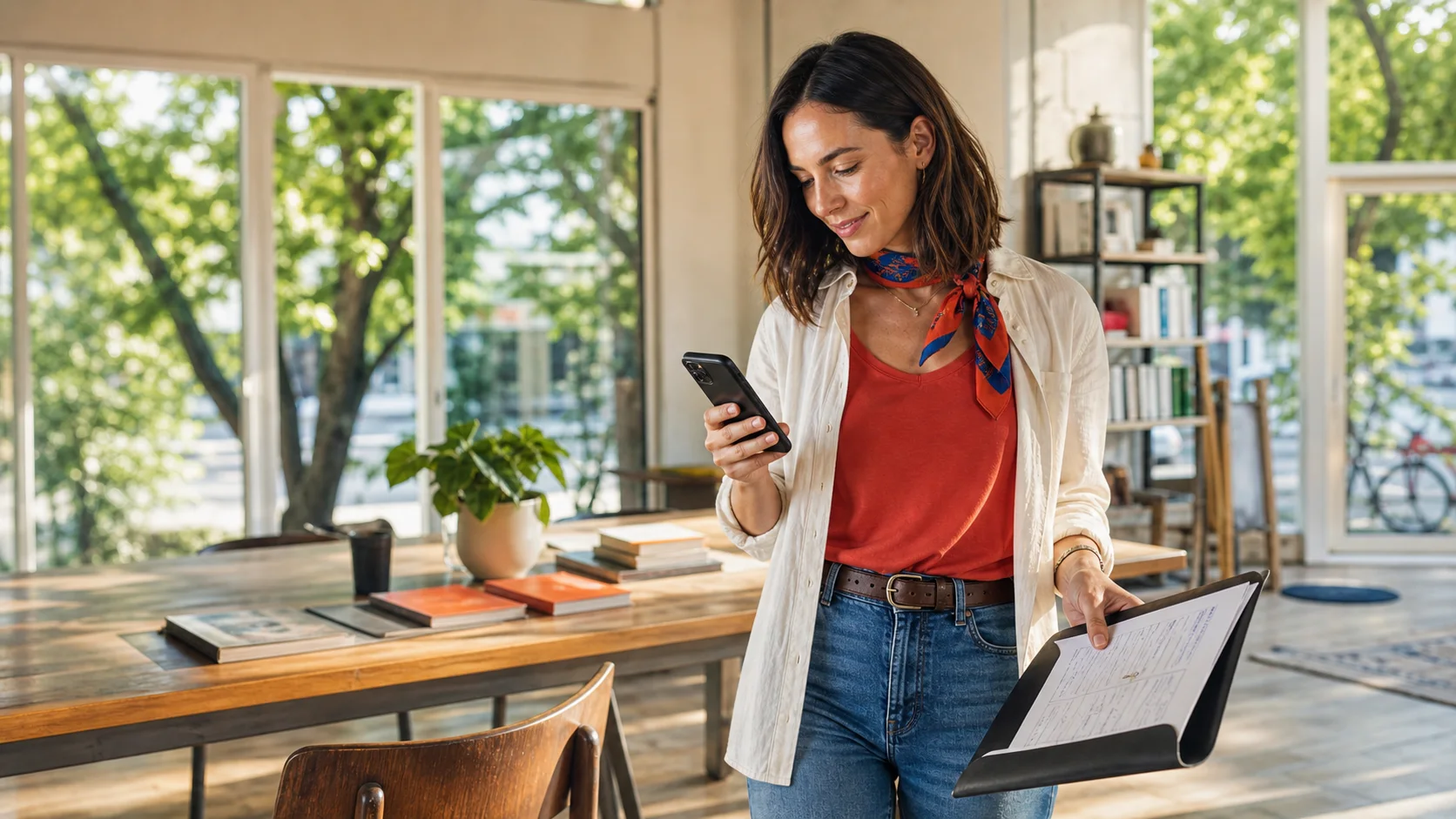 A woman checking her phone while holding a folder with a completed form in a bright creative studio