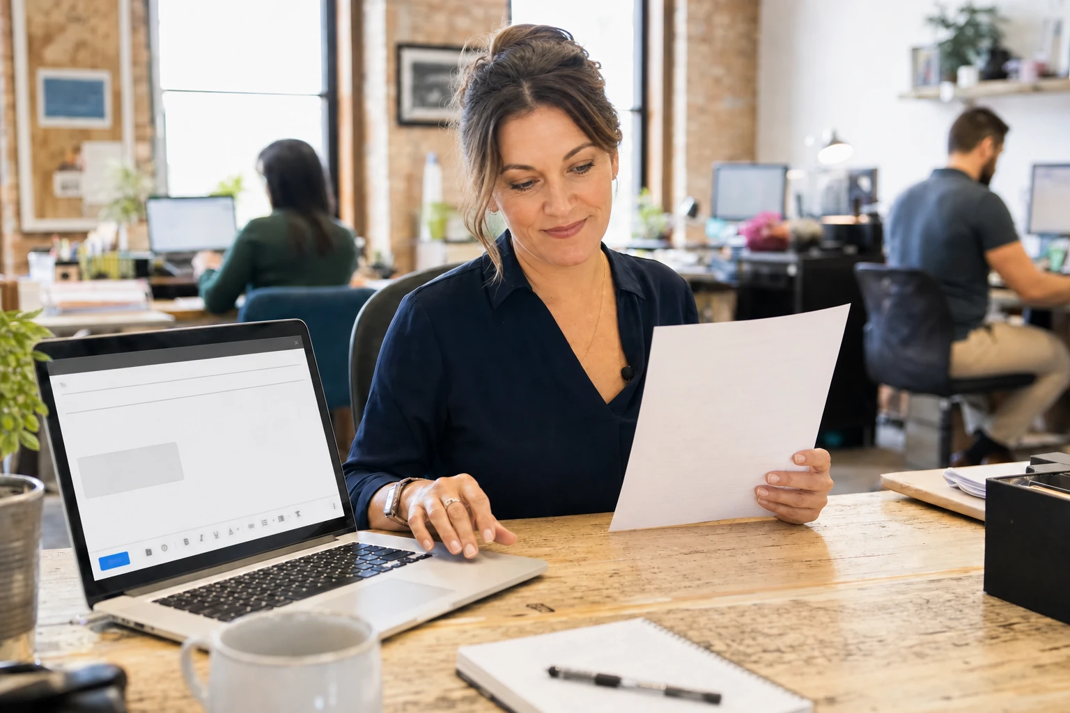 An office manager reviewing the printed side of a document while preparing an email attachment on a laptop