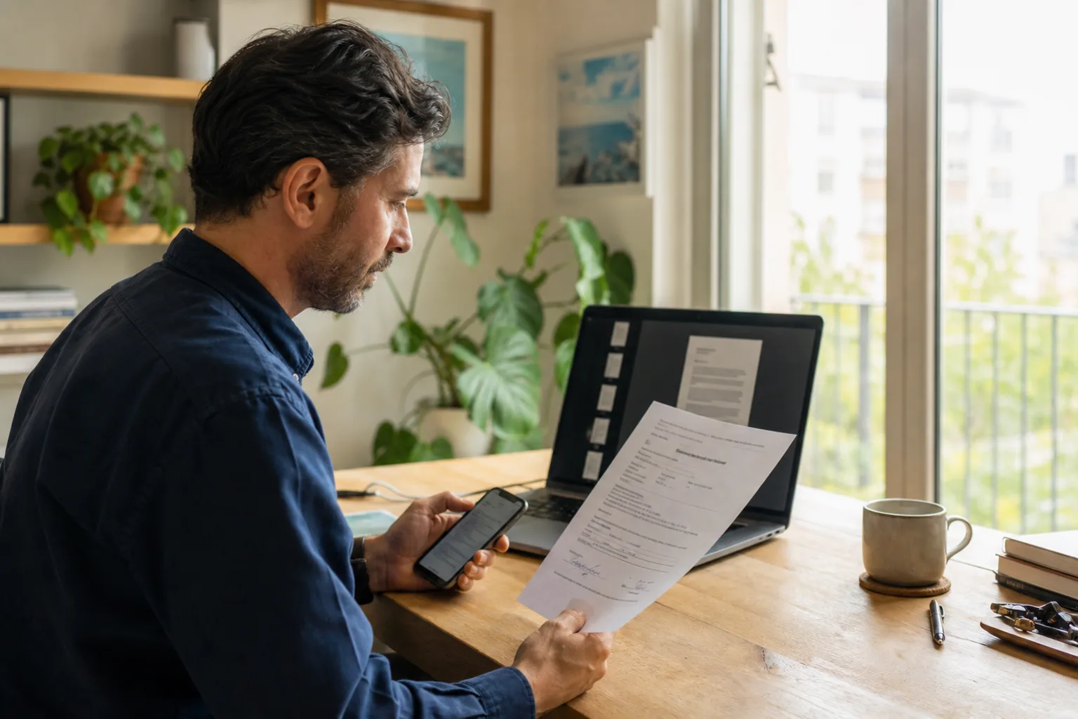 A remote worker preparing a PDF for faxing on a laptop in a bright apartment