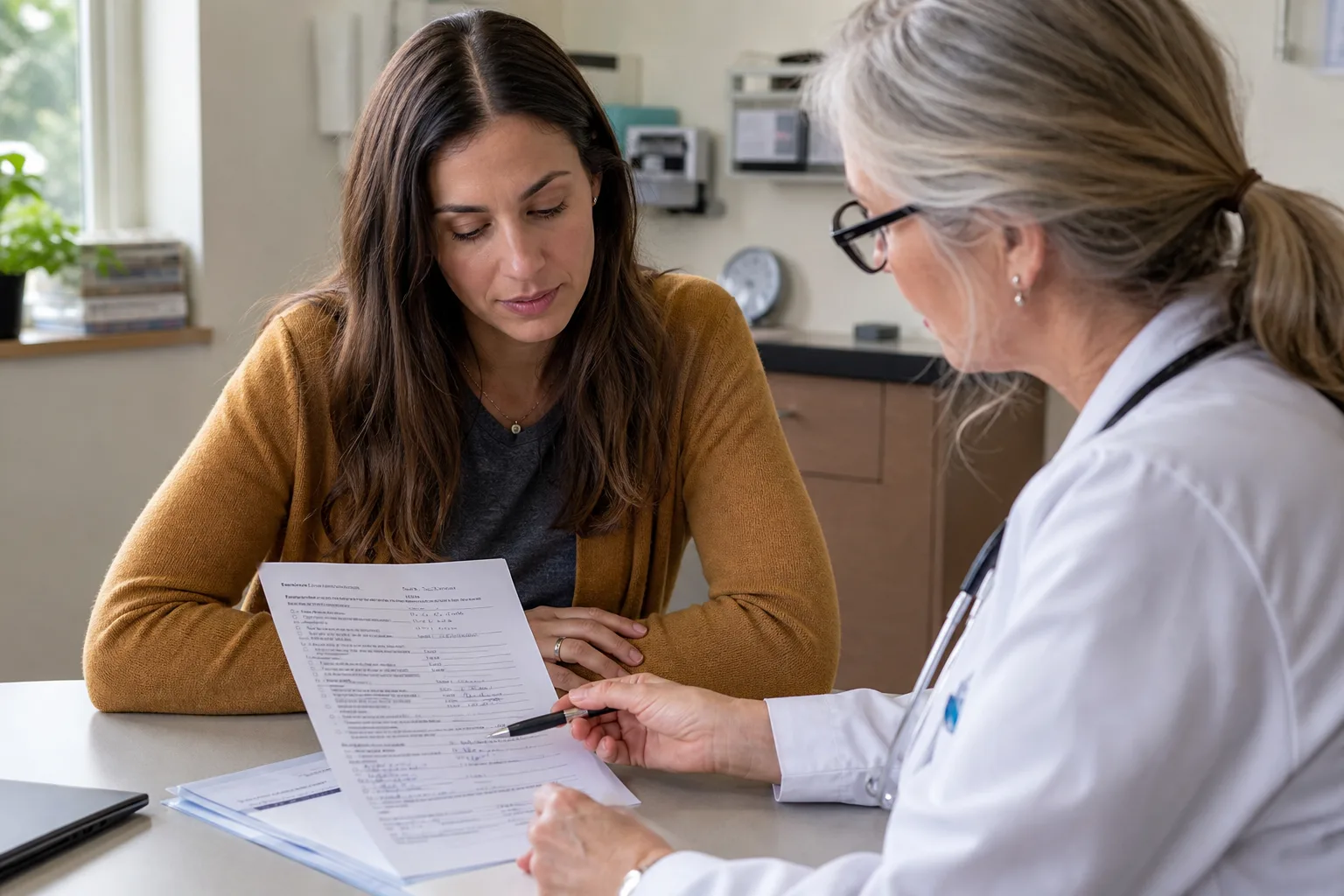 An employee reviewing leave paperwork with a clinician in a bright consultation room