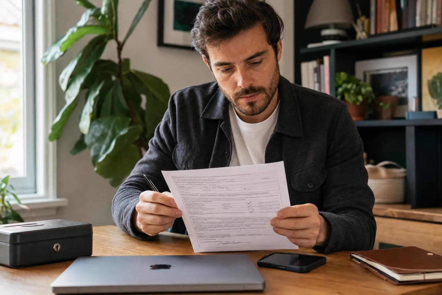 A person reviewing an identity protection form at a tidy desk in warm daylight