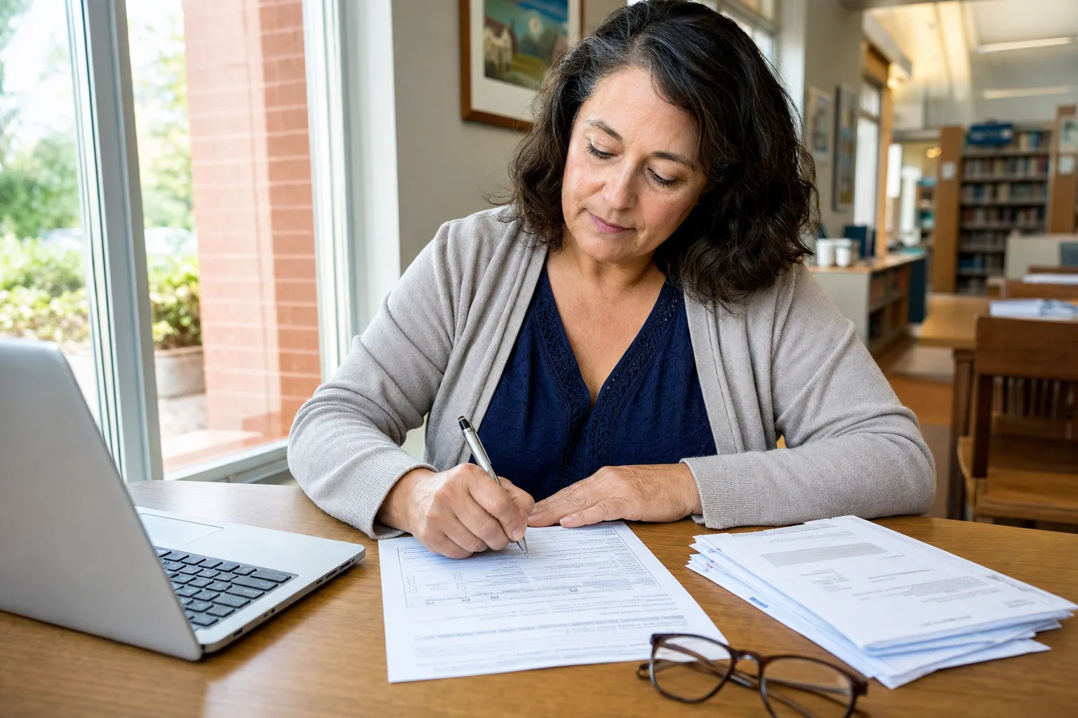 A worried taxpayer calmly completing an assistance request beside an open laptop