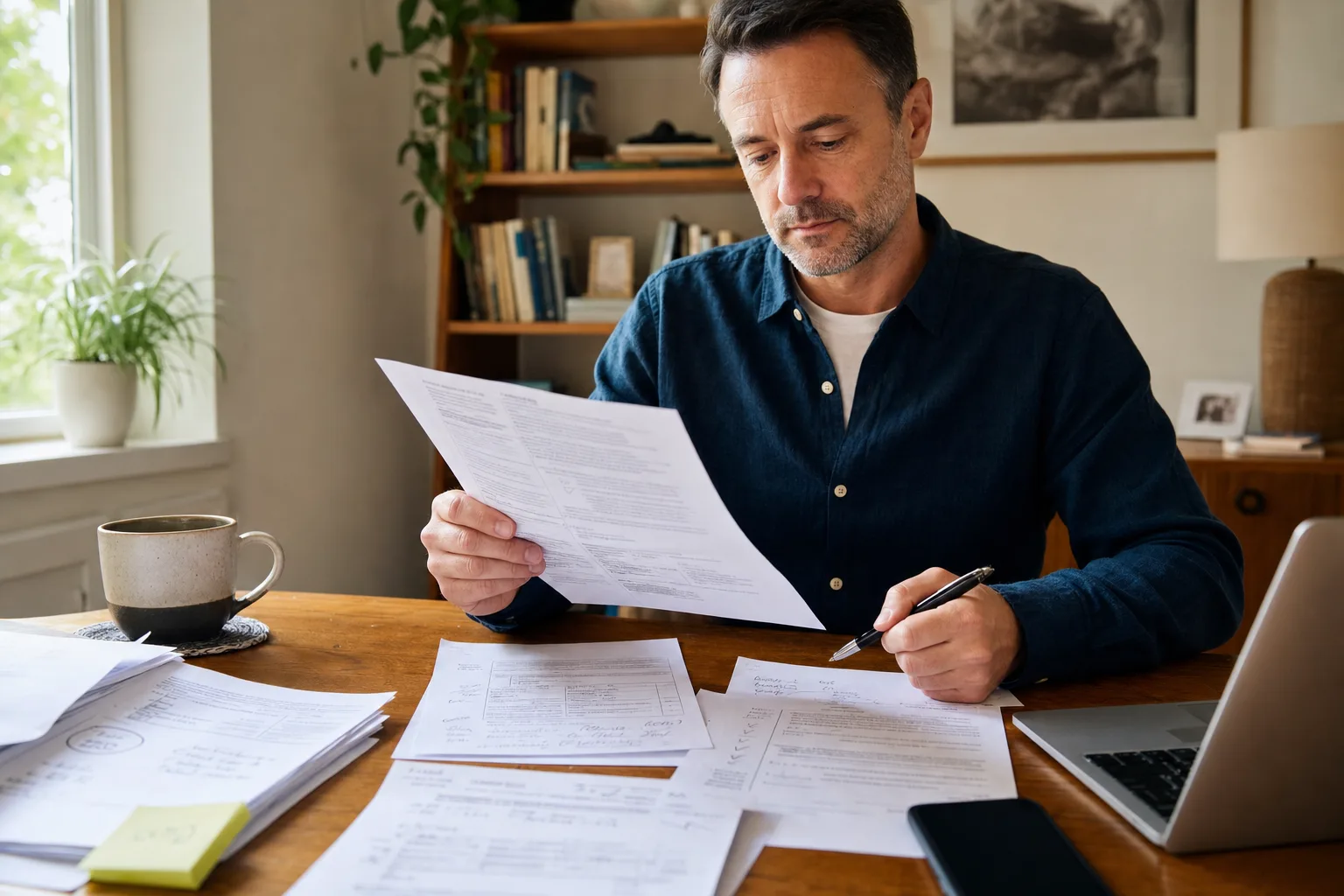 A taxpayer organizing a letter and supporting documents before replying from home