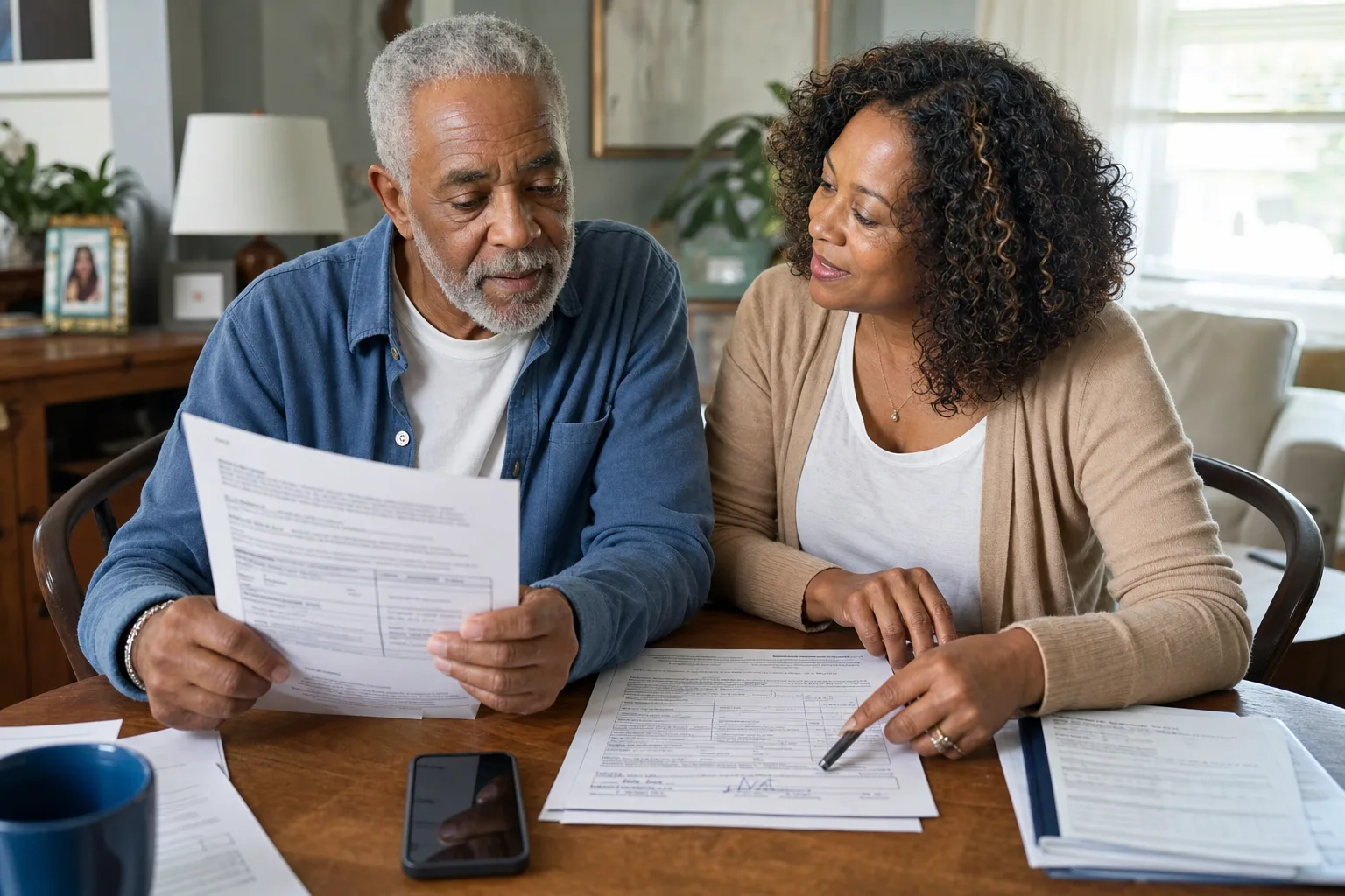 A retiree reviewing benefit documents with a family member in a bright living room