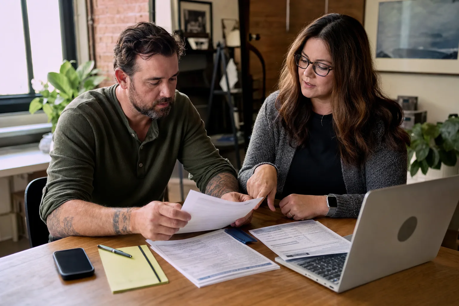 A veteran and advocate organizing claim documents at a bright community office